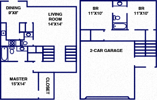 Floor plan for 3 beds, 2.5 baths, 1304 sqft